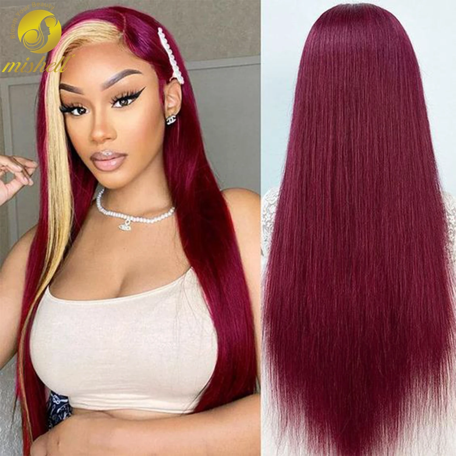 Straight Burgundy 99J with 613 Blonde Stripe Wig 13x4 Full Lace Frontal ... - £142.17 GBP+