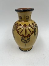 Vintage Redware Pottery Vase Folk Art Floral Design Yellow Retro - $41.59