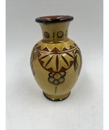 Vintage Redware Pottery Vase Folk Art Floral Design Yellow Retro - $41.59
