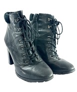 Antonio Melani Black Leather Lace-Up Heeled Ankle Boots Lug Sole Size 9M - $47.59 CAD