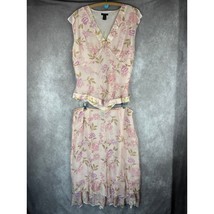 Vtg 100% Silk Floral 2 Piece Set XL Pink Layered Sequin Top Midi Skirt F... - $48.51