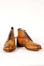 New Handmade Brogue Style Genuine Leather Boots, Men Light Brown Ankle B... - $179.99