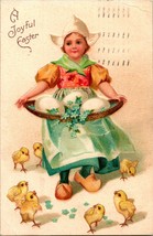 Vtg Postcard 1908 A Joyful Easter - Little Dutch Girl w Basket Eggs Chicks - £8.52 GBP
