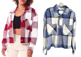 Ashley By 26 International Women&#39;s Crop Plaid Shacket Jacket Size XL Blue/Navy - £13.21 GBP