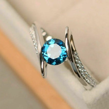 1.75Ct Round Cut Aquamarine &amp; Diamond Pretty Wedding Ring 14k White Gold Finish - £90.19 GBP