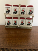 Vintage Red flower black leaf Tipp City Spice jar set with original meta... - $149.00