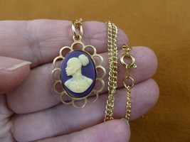 CA30-97 RARE African American LADY purple + ivory CAMEO brass Pendant necklace - £19.79 GBP