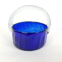 Cobalt Blue Hand Blown Art Glass 5.5&quot; Wave Basket Clear Thick Handle - $34.64