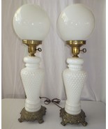 Pair Rare Vintage White Milk Glass Hobnail Parlor Table Lamps 25.75&quot; tall - $250.00