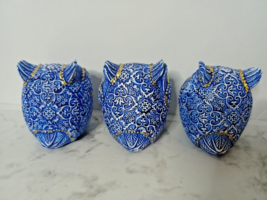 White Blue &amp; Gold 3&quot; SEE/HEAR/SPEAK No Evil Owl Bird Figurines Set Of 3 Euc Cute - £22.40 GBP