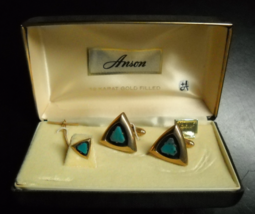  and Tie Tac Set Turquoise Stone 12KT Gold Filled Original Box - £39.32 GBP