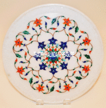 12&quot; White Marble Round Dish Plate Hakik Stone Inlay Decor Marquetry Home... - £328.17 GBP