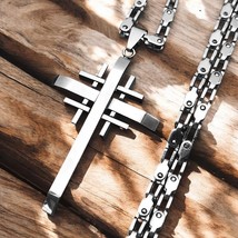 Industrial Cross Necklace Mens Silver 316L Stainless Steel Gothic Biker ... - £17.76 GBP