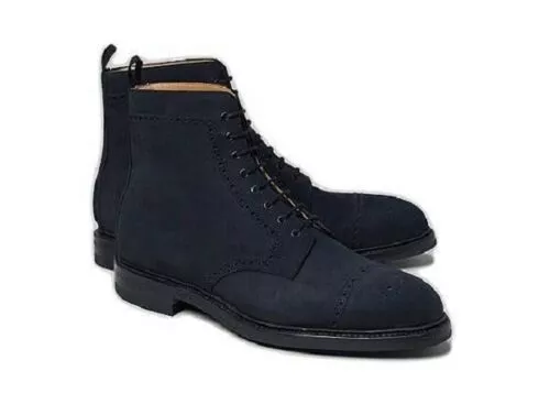 Stylish Handmade Men&#39;s Navy Blue High Ankle Lace Up Suede Leather Boots Men - $179.99