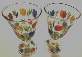 Set of 2 Handpainted Floral Flowers Tulips Clear Stem Water Wine Goblet ... - £16.52 GBP