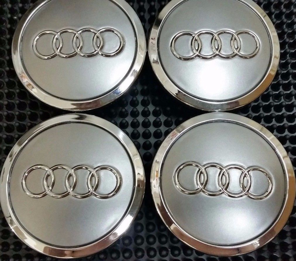 4 Pcs, Audi, Gray, Chrome Logo Center, Wheel Hub Cap, 70mm, A3, A4, A5, A6, S4