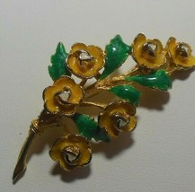 Vintage Green &amp; Yellow Floral Enamel Metal Brooch - $15.83