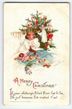 Christmas Postcard Signed Frances Brundage Girl In Bed Tree Toys Gabriel Germany - $19.00