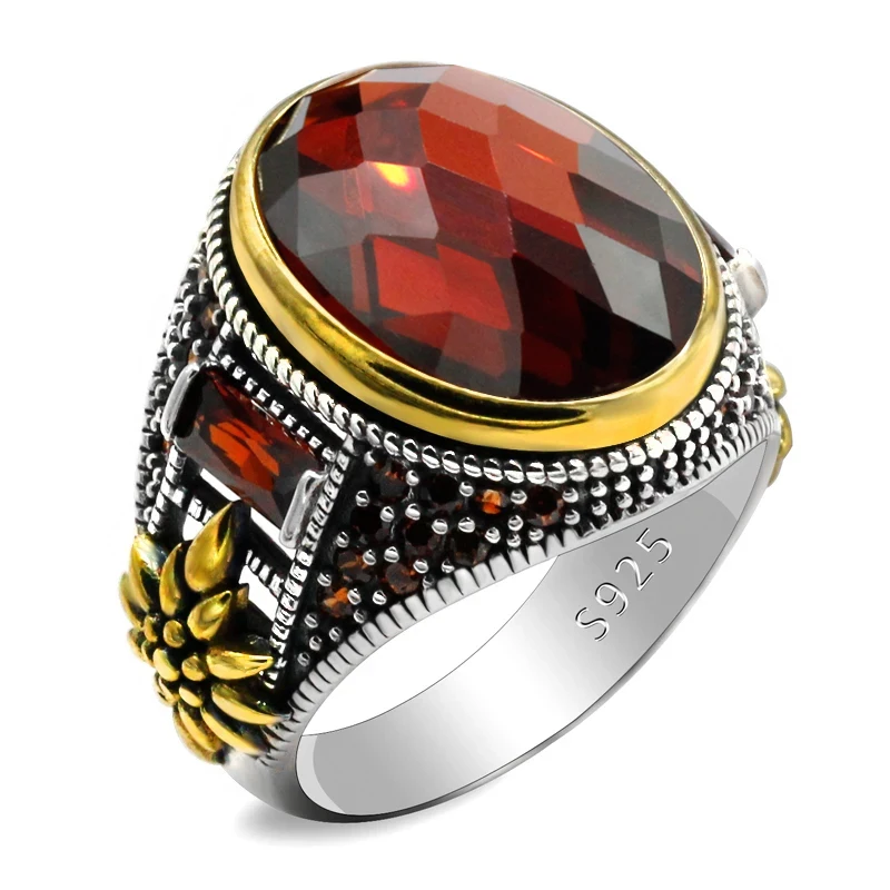 925 Sterling Silver Natural Garnet Ring for Men Male Women High Quality Turkish  - £46.51 GBP