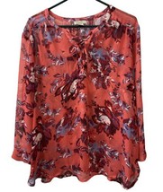 Lucky Brand Womens Size XL Red Semi Sheer Pullover Floral Blouse - £15.40 GBP