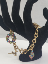 Marked NRO Gold Tone Chrismas Rhinestone Crystal Charm Braclet - $44.16 CAD