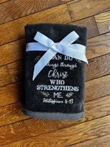 Faith Embellished Embroidered Dk Grey Velour 2PK Hand Towels Bible Phil. 4:13 - £15.57 GBP