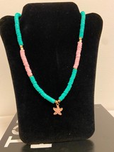 Heishi beads necklace shell charm polymer disc green &amp; pink beaded summer handma - £15.80 GBP
