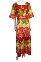 Vintage 70s Hawaii Nei Barkcloth Dress Orange Maxi Floral Cotton Sundress - £64.32 GBP