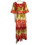 Vintage 70s Hawaii Nei Barkcloth Dress Orange Maxi Floral Cotton Sundress - £66.76 GBP