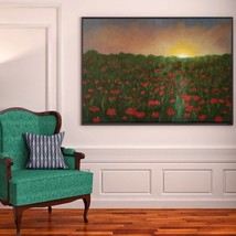 Sunrise Poppy Field Original Painting on Canvas, Scenery Wall Decor, Sun... - £143.88 GBP