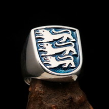 Excellent crafted Men&#39;s Coat of Arms Shield Ring 3 blue Lions - Sterling Silver - £83.16 GBP