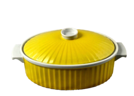 Yellow Casserole Dish with Lid Oval with White Handles Vintage Ex Condition - $34.99