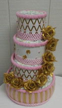 Gold and Pink Elegant Baby Girl Themed Baby Shower 4 Tier Diaper Cake - £84.57 GBP