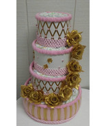 Gold and Pink Elegant Baby Girl Themed Baby Shower 4 Tier Diaper Cake - £84.57 GBP
