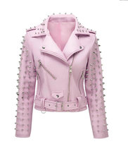 Real Leather Viscose Lining Classic Collar Front Zip Closure Pink Color - £157.95 GBP