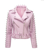 Real Leather Viscose Lining Classic Collar Front Zip Closure Pink Color - $201.69