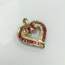 2.90Ct  Princess Cut Red Ruby &amp; Diamond Heart Pendant 14K Yellow Gold Over - £86.12 GBP
