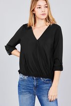 3/4 Roll Up Sleeve V-Neck w/ Surplice Woven Top - £27.86 GBP
