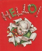 Vintage Christmas Card Lamb Breaks Through Paper Candy Canes Red Embossed - £7.88 GBP