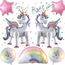 8Pcs Self-Standing Unicorn Balloons Rainbow And Star Foil Balloons With Happy Bi - $23.99