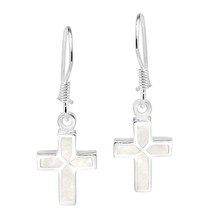 Mini Cross Inlaid White Mother of Pearl Sterling Silver Dangle Earrings - £14.77 GBP
