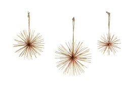Brass Finish Metal Bursting Star Hanging Ornaments Set of 3 Rope Hangers - £32.44 GBP