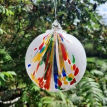 Hanging Glass Ball 4&quot; Diameter White with Multicolored Swoosh GB17 - $15.15