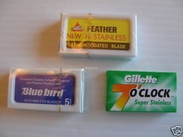 FEATHER BLUEBIRD &amp; GILLETTE 7 O&#39;CLOCK Blade Sampler DE Blades FBG - $19.95