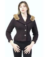 1950s VTG Kaydee Black Red Wool Tweed Cropped Jacket Mink Fur Shawl Coll... - $5,394.11 MXN