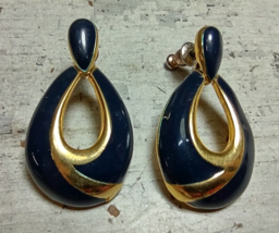 Vintage Napier Goldtone Navy Blue Enamel Teardrop Dangle Pierced Earring... - £7.21 GBP