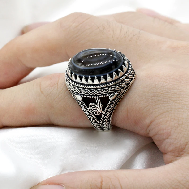 Real 925 Sterling Silver Ring for Men Black Natural Agate Stone Jewelry Vintage  - £46.11 GBP