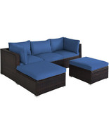 5 Pieces Patio Rattan Sofa Set with Cushion and Ottomans-Navy - Color: Navy - $12,010.86 MXN