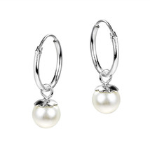 Hovering Moon Orbits White Faux Pearl .925 Sterling Silver Hoop Earrings - £7.82 GBP