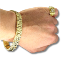 Mens 2pc Nugget Design Bracelet Icy CZ Ring Set 14k Gold Plated Hip Hop Jewelry - £11.14 GBP